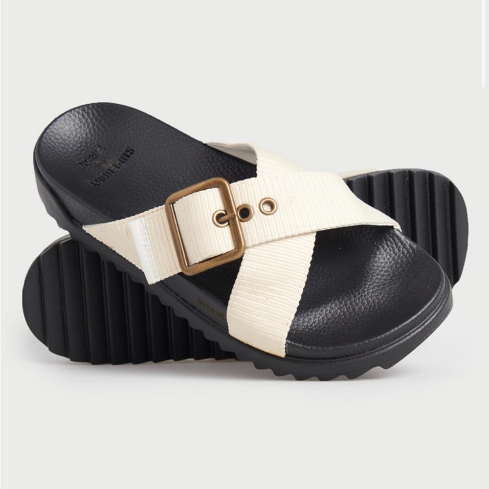 Superdry Square Cream Buckle Sliders Black Bottom - Sz 9.5 VGUC